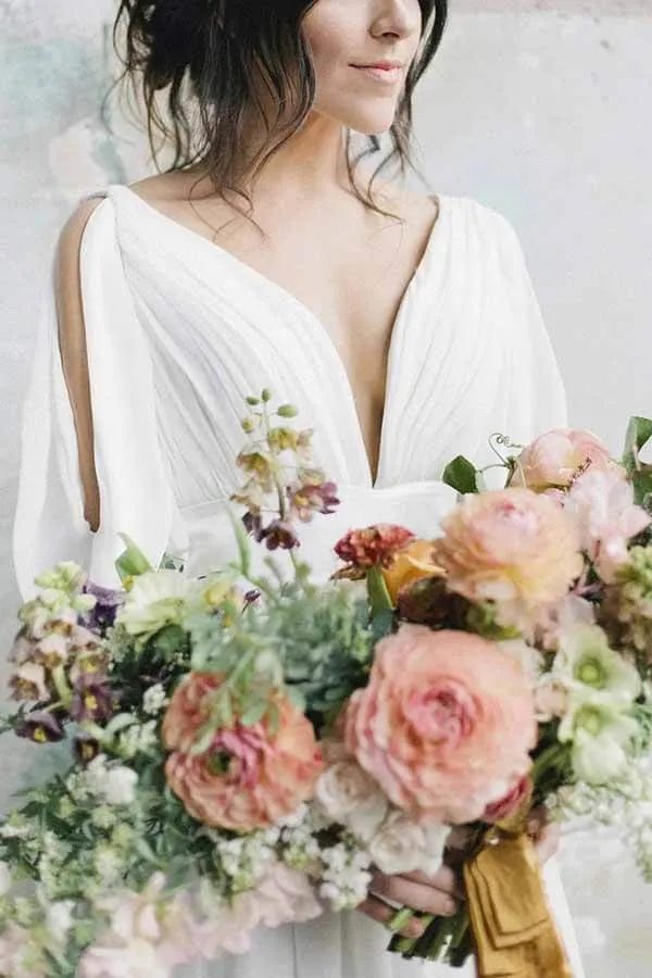 Simple Ivory Chiffon A-line V-neck Half Sleeves Long Wedding Dresses, MW694
