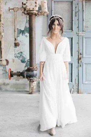 Simple Ivory Chiffon A-line V-neck Half Sleeves Long Wedding Dresses, MW694