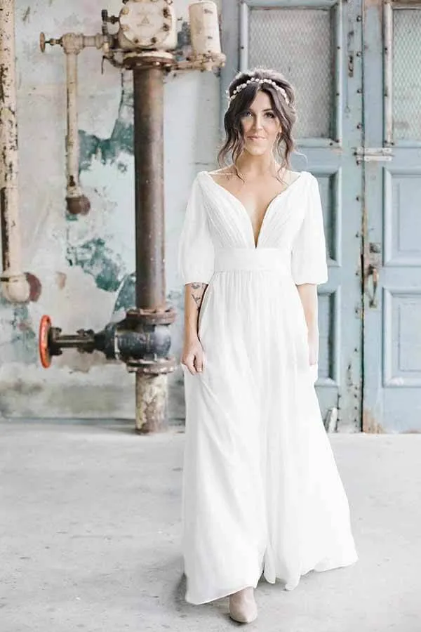 Simple Ivory Chiffon A-line V-neck Half Sleeves Long Wedding Dresses, MW694