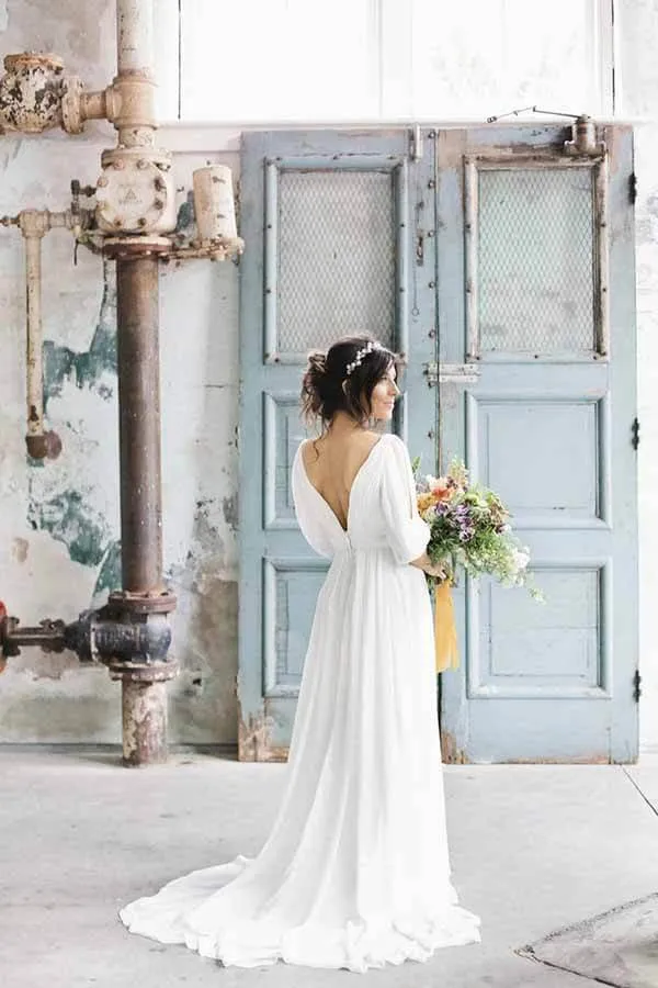 Simple Ivory Chiffon A-line V-neck Half Sleeves Long Wedding Dresses, MW694