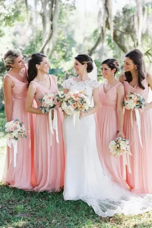 Simple Pink Chiffon A-line V-neck Floor Length Cheap Bridesmaid Dresses, MBD172
