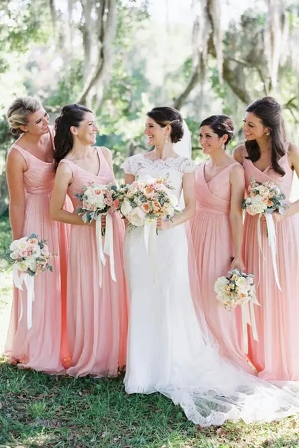 Simple Pink Chiffon A-line V-neck Floor Length Cheap Bridesmaid Dresses, MBD172