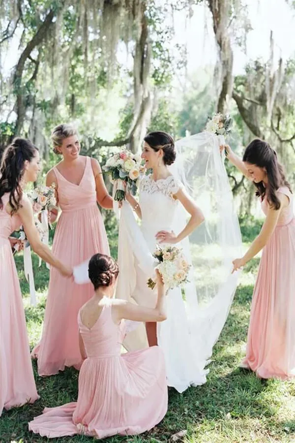 Simple Pink Chiffon A-line V-neck Floor Length Cheap Bridesmaid Dresses, MBD172