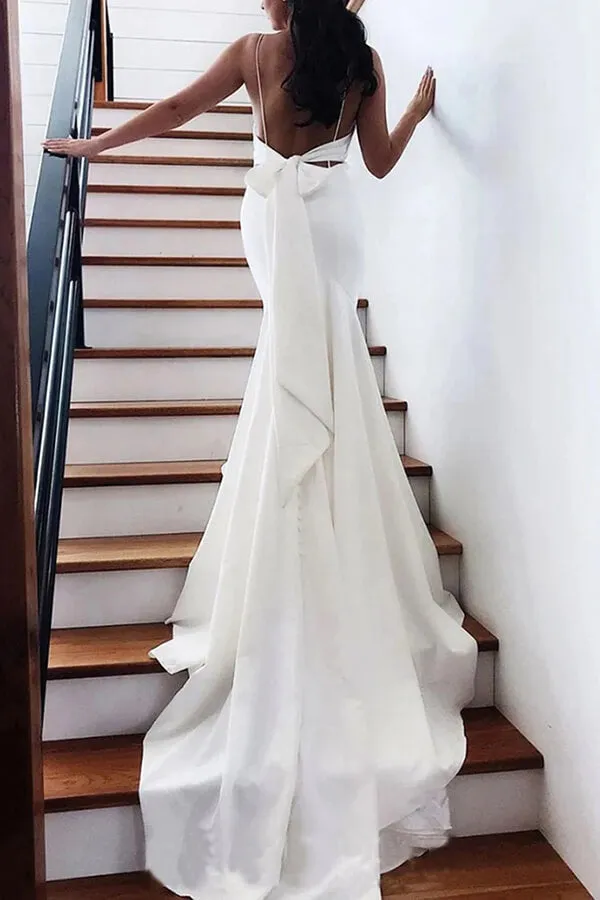 Simple Satin Mermaid V-neck Spaghetti Straps Wedding Dresses With Bow, MW691
