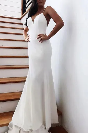Simple Satin Mermaid V-neck Spaghetti Straps Wedding Dresses With Bow, MW691