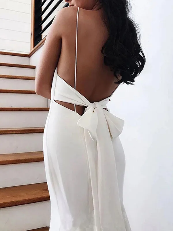 Simple Satin Mermaid V-neck Spaghetti Straps Wedding Dresses With Bow, MW691