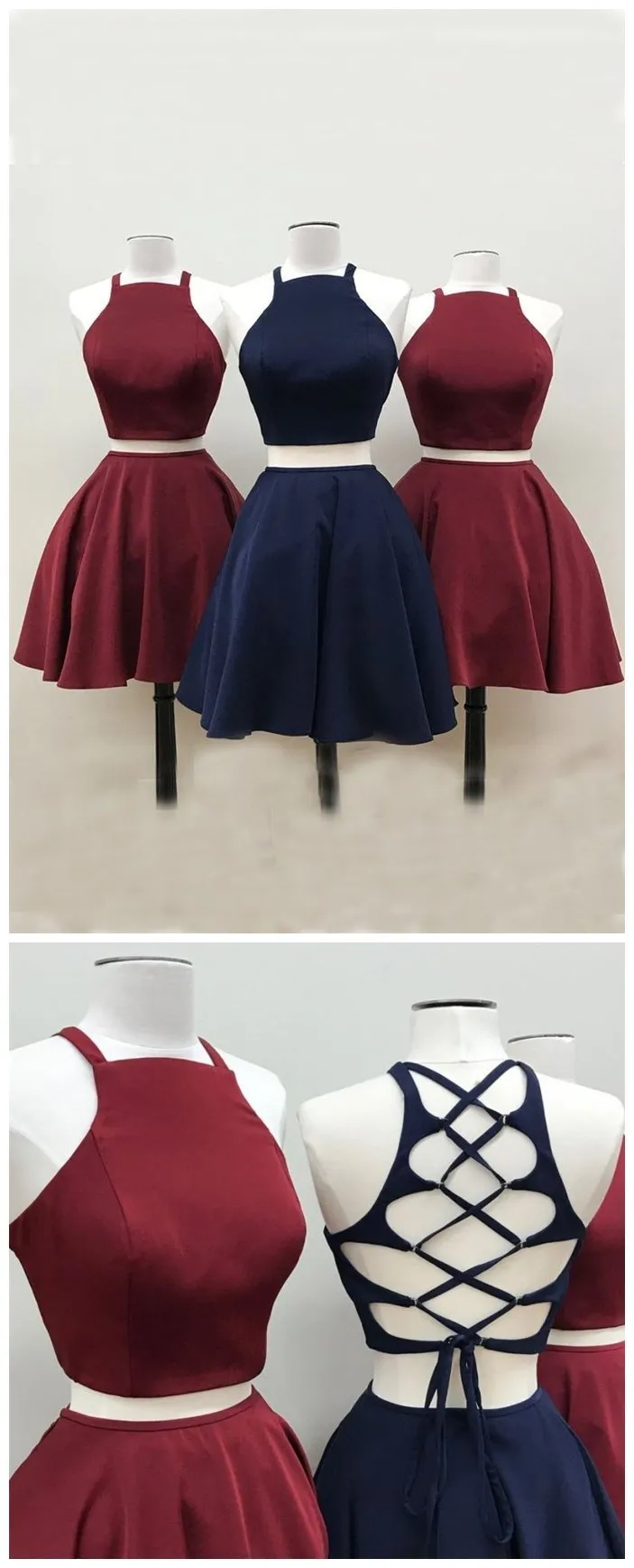 Simple Two Pieces Halter Burgundy Cheap Short Homecoming Dresses 2018, BDY0338
