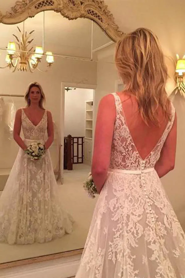 Simple Wedding Dresses Backless V Neck Lace Bridal Dress,MW275