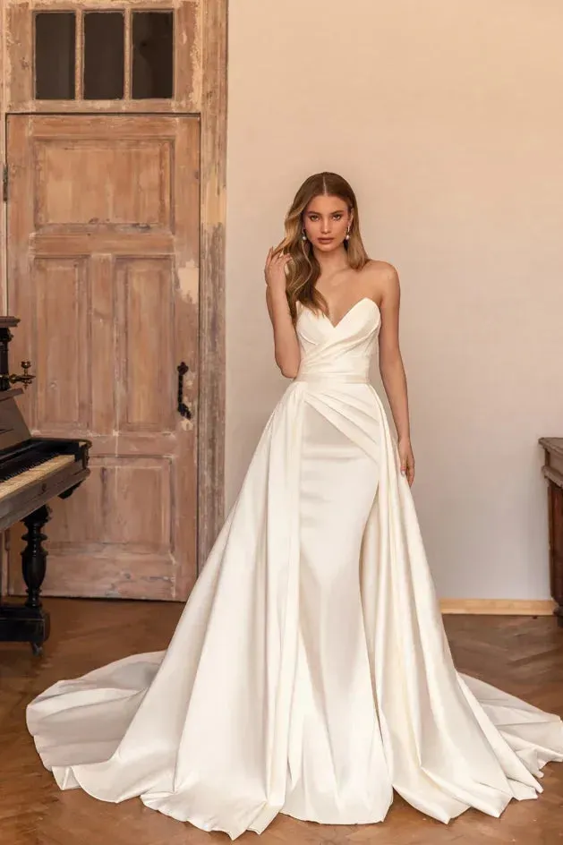 Simple Wedding Dresses Women's Mermaid Sexy Sleeveless Detachable Sweep Train Bridal Gowns Formal Satin Vestidos De Fiesta