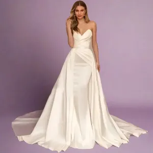 Simple Wedding Dresses Women's Mermaid Sexy Sleeveless Detachable Sweep Train Bridal Gowns Formal Satin Vestidos De Fiesta