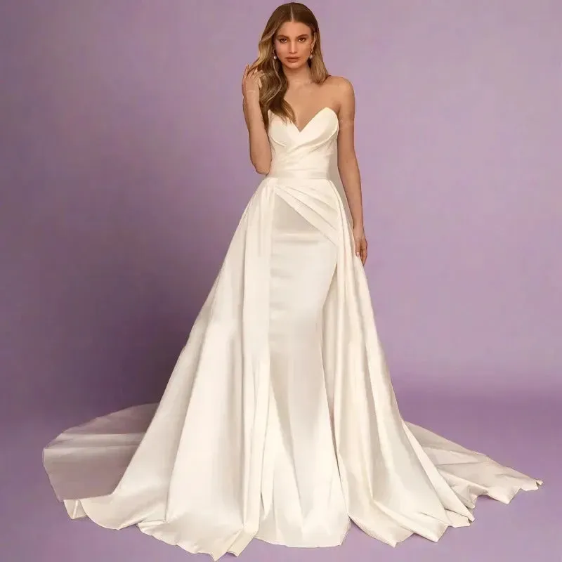 Simple Wedding Dresses Women's Mermaid Sexy Sleeveless Detachable Sweep Train Bridal Gowns Formal Satin Vestidos De Fiesta
