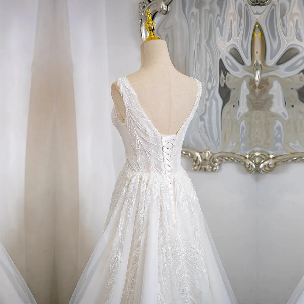 SL-9365 Suli Customized V-Neck Bride Wedding Dress Lace Appliques Beading Bohemian Bridal Gown with Straps