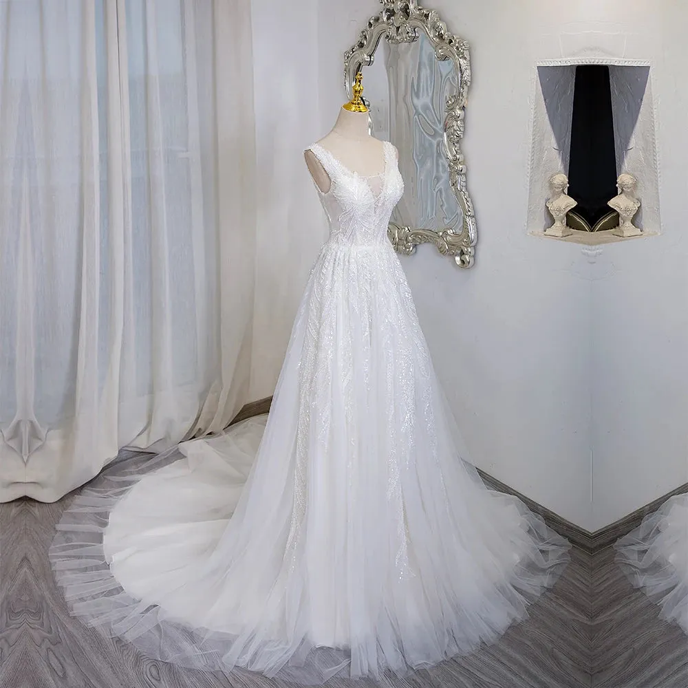 SL-9365 Suli Customized V-Neck Bride Wedding Dress Lace Appliques Beading Bohemian Bridal Gown with Straps