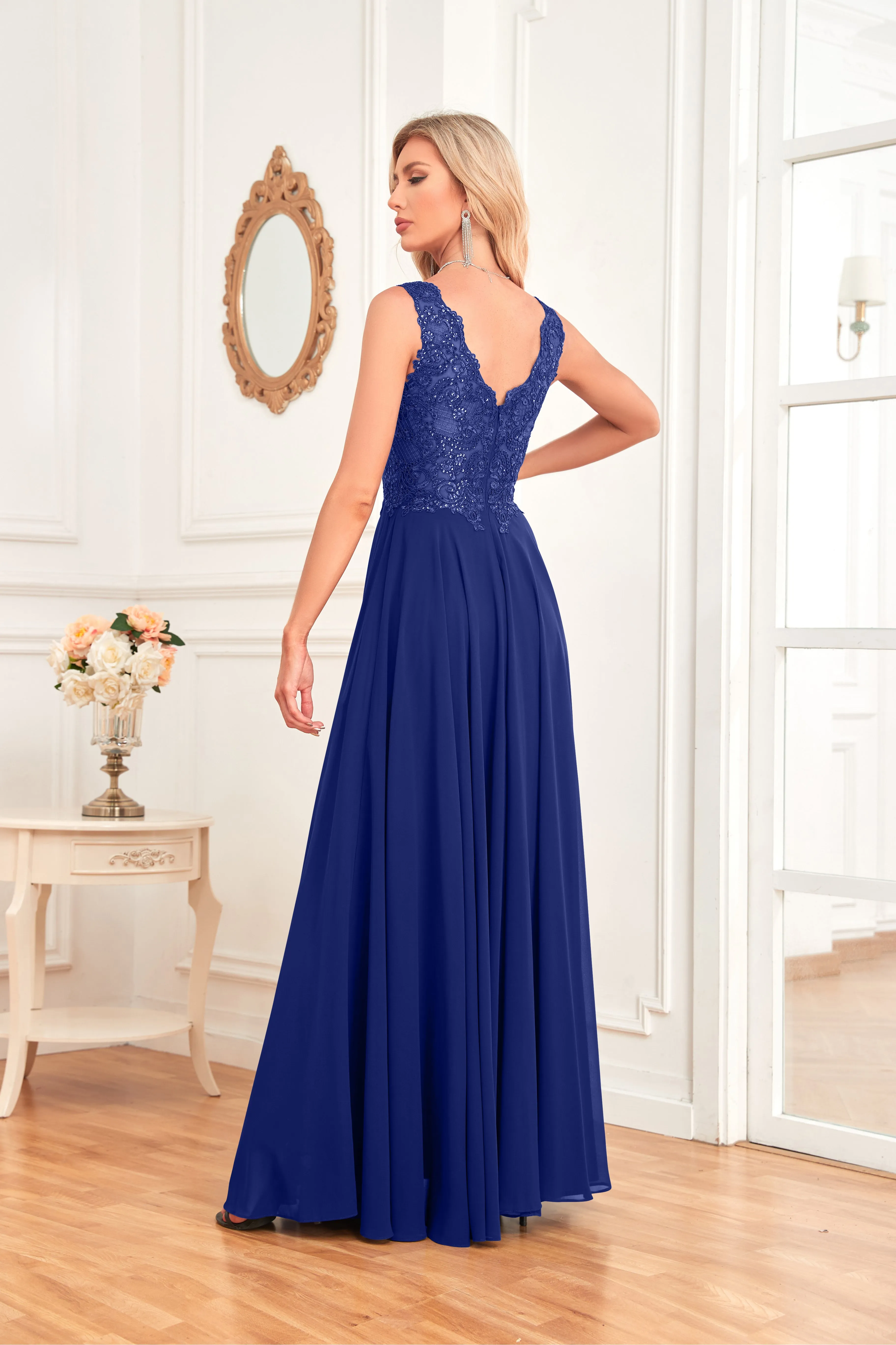 Sleeveless A-Line Floor Length Chiffon Lace V-Neck Bridesmaid Dress