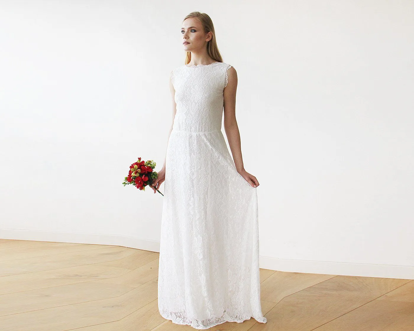 Sleeveless Ivory  Bridal Dress With Open Back #1141