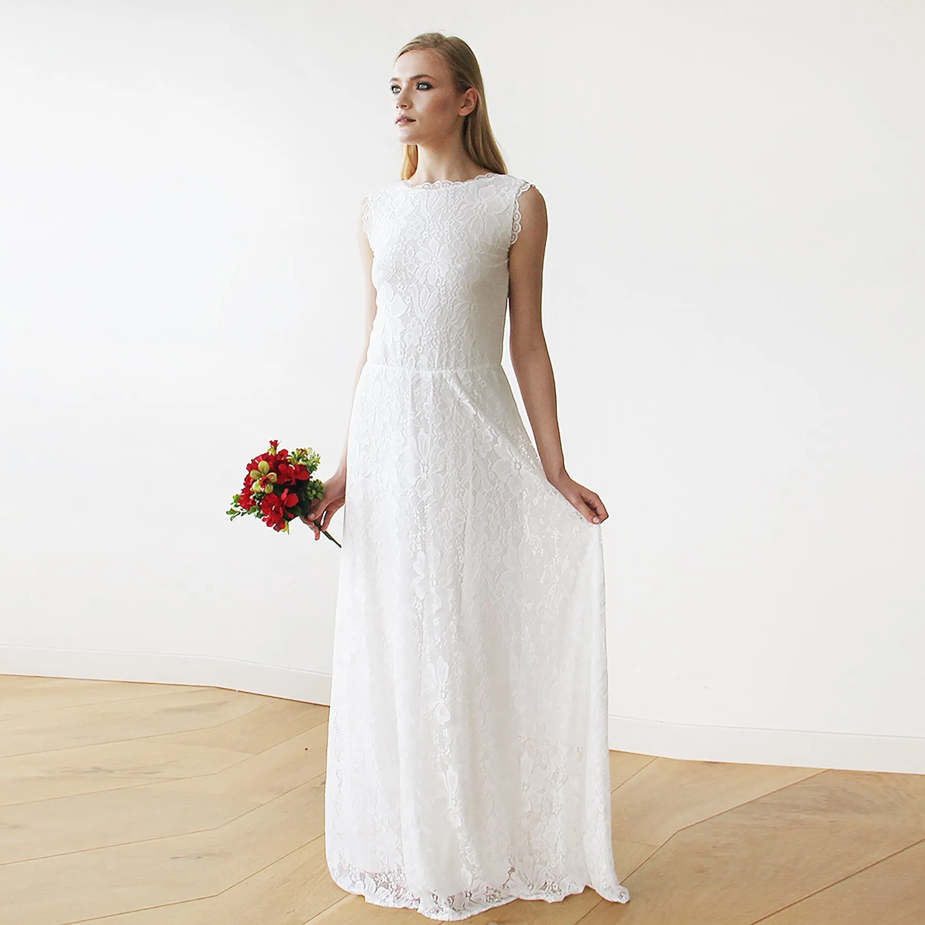 Sleeveless Ivory  Bridal Dress With Open Back #1141