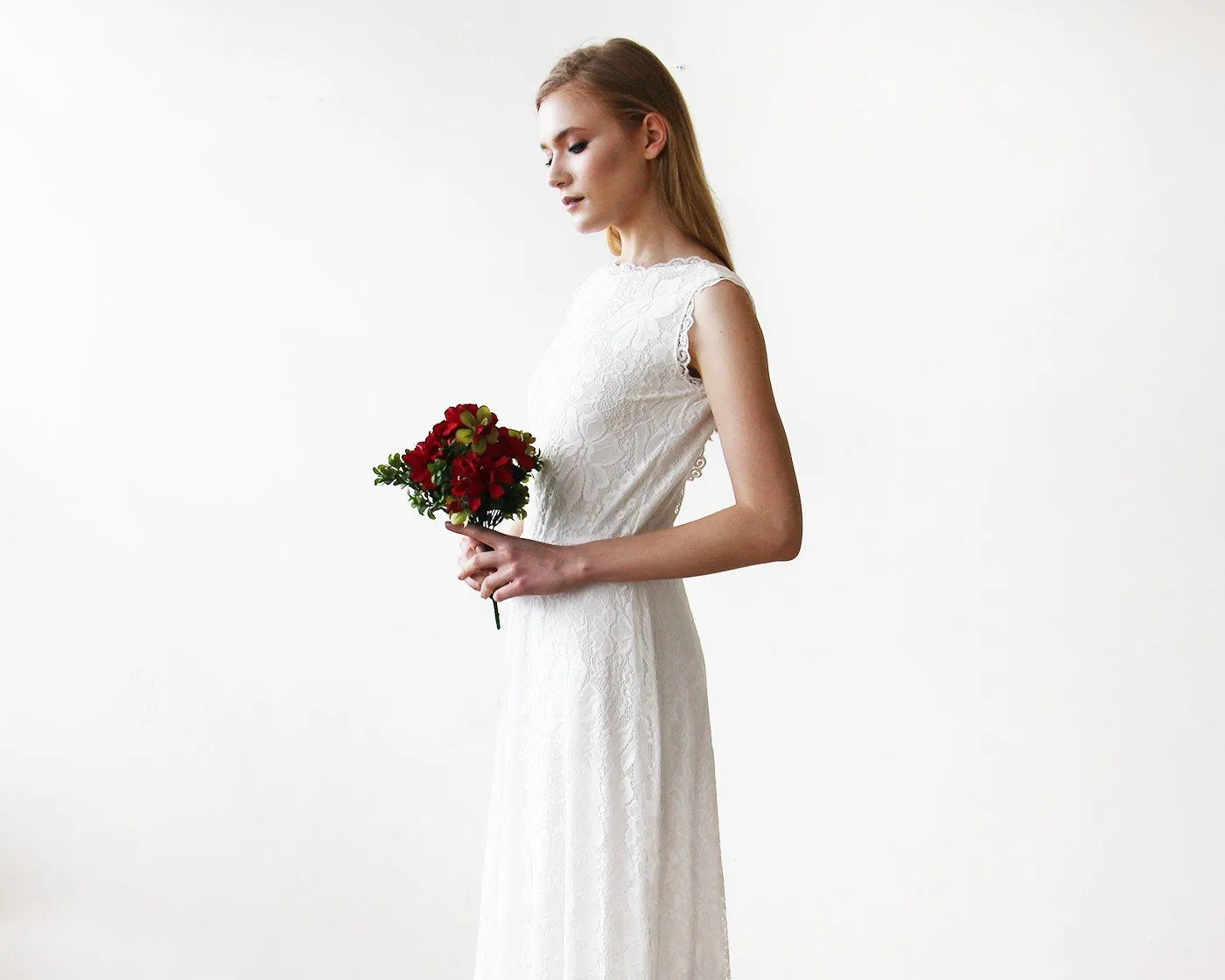 Sleeveless Ivory  Bridal Dress With Open Back #1141