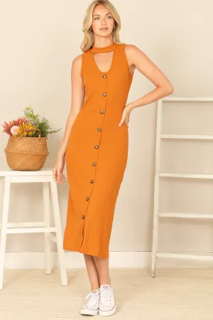 SLEEVELESS OPEN FRONT HALTER NECK BUTTON DOWN SOLID DRESS