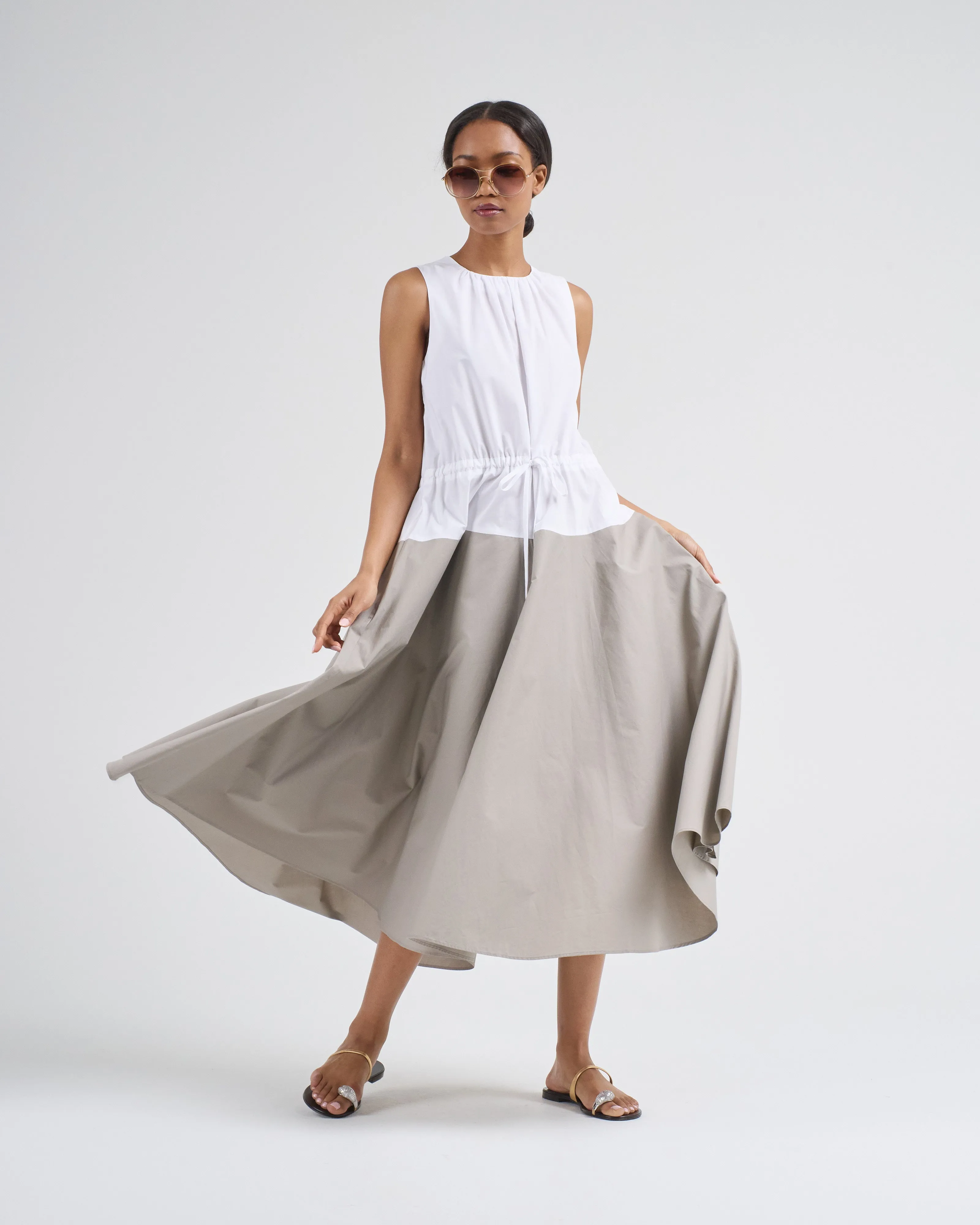 sleeveless ruched dress with tie
