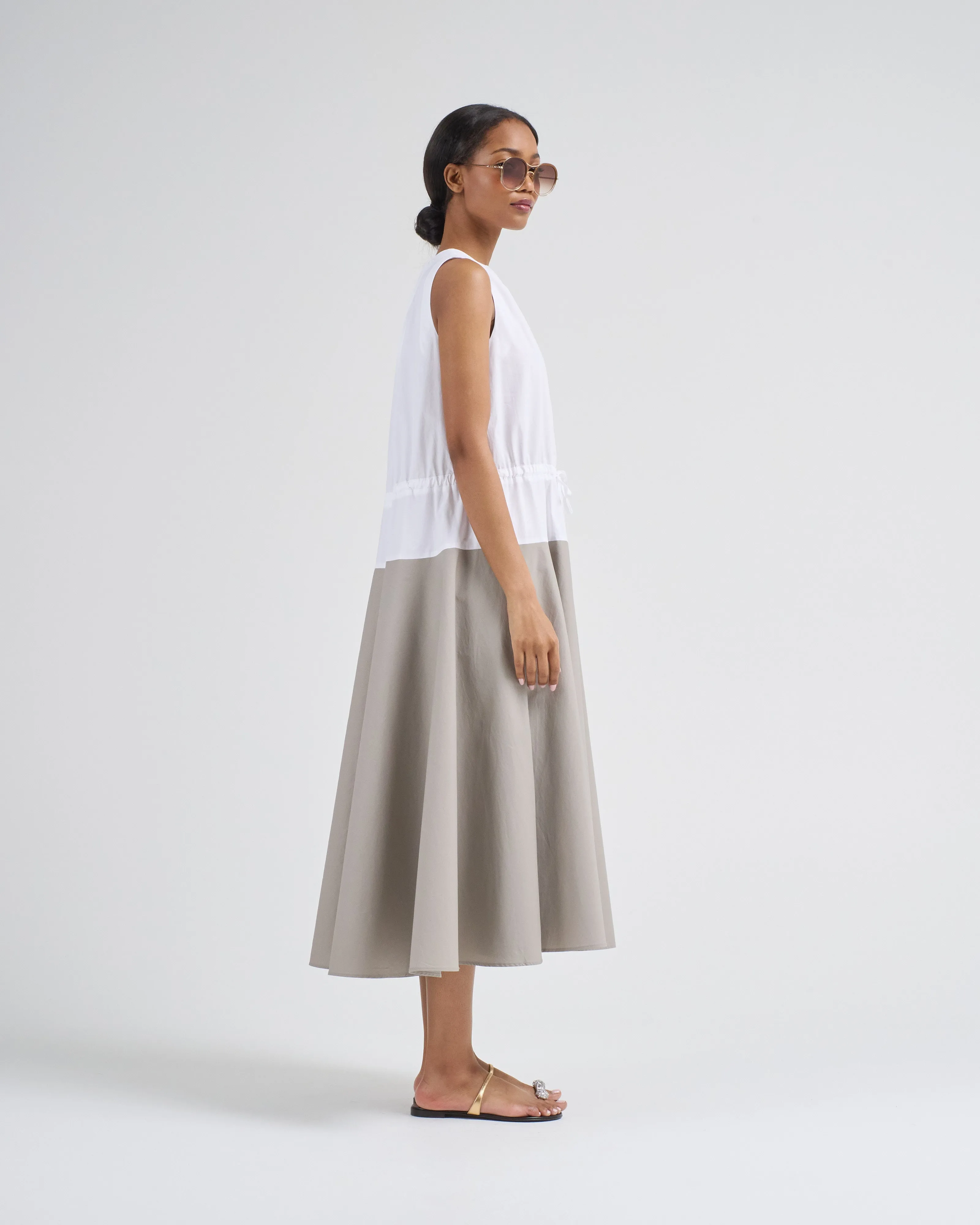sleeveless ruched dress with tie