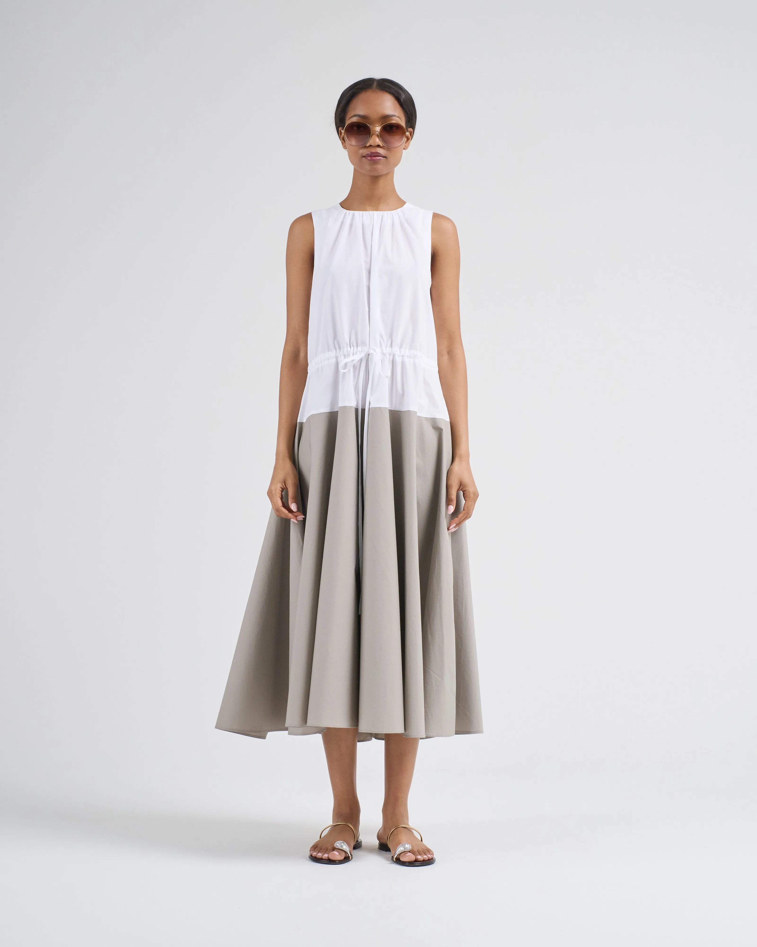 sleeveless ruched dress with tie