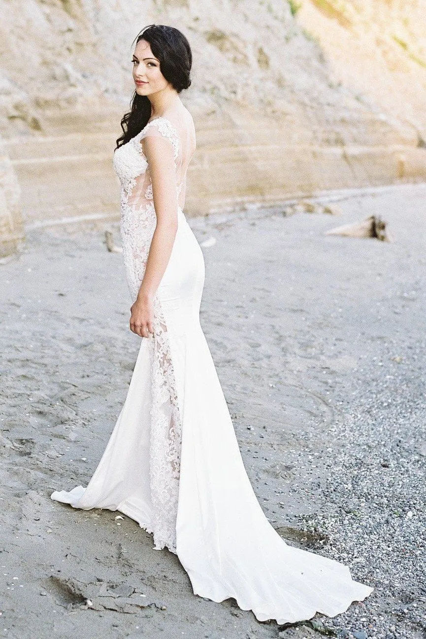 Slim Backless Wedding Dresses with Sheer Lace Bodice