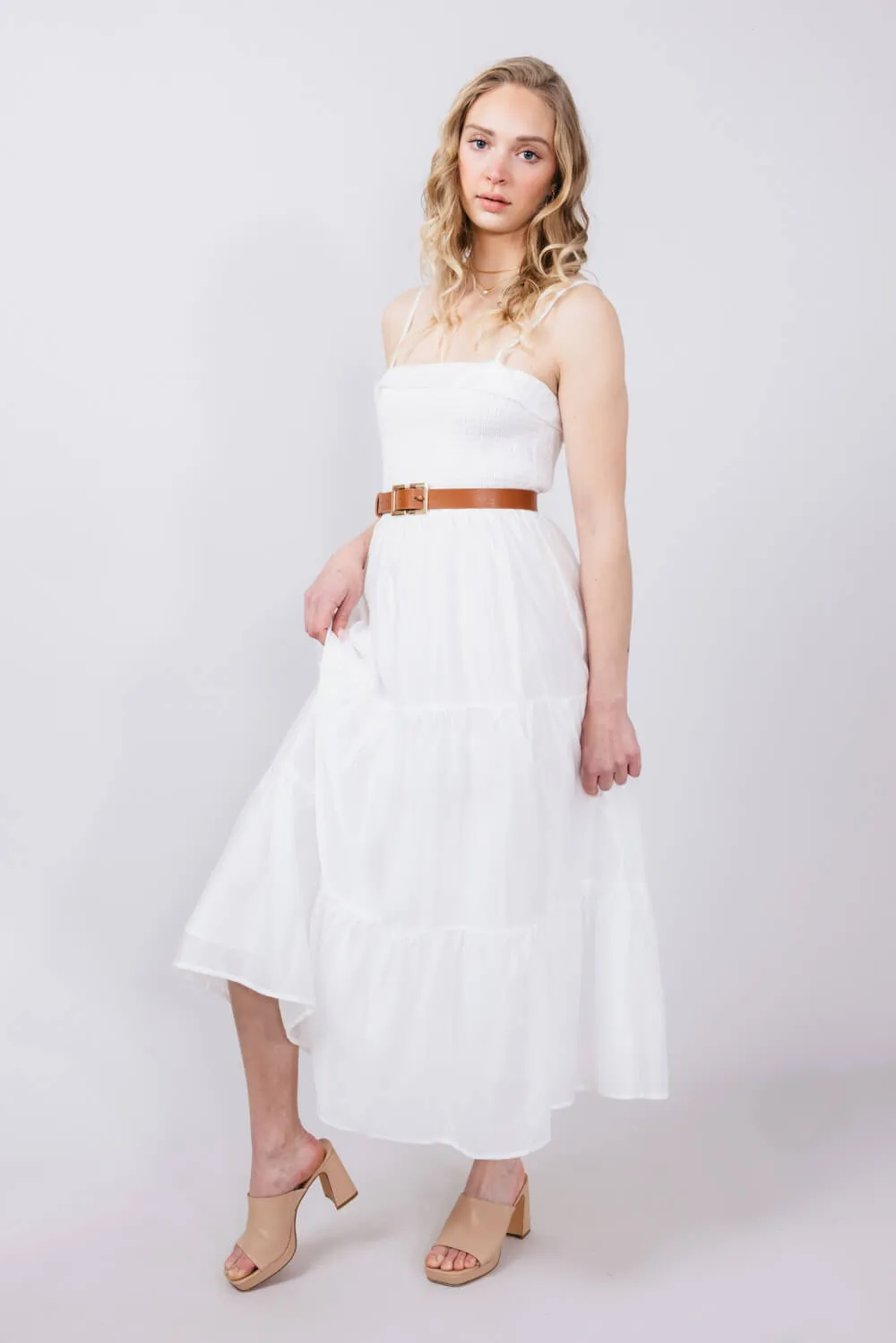 Smocked Bodice Tiered Maxi Dress for Women in White | AD8422-WHT