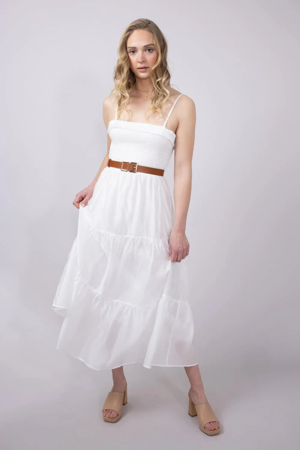 Smocked Bodice Tiered Maxi Dress for Women in White | AD8422-WHT