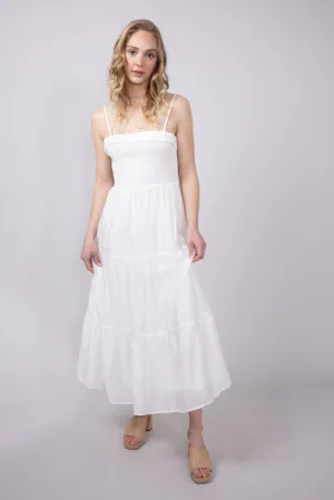 Smocked Bodice Tiered Maxi Dress for Women in White | AD8422-WHT