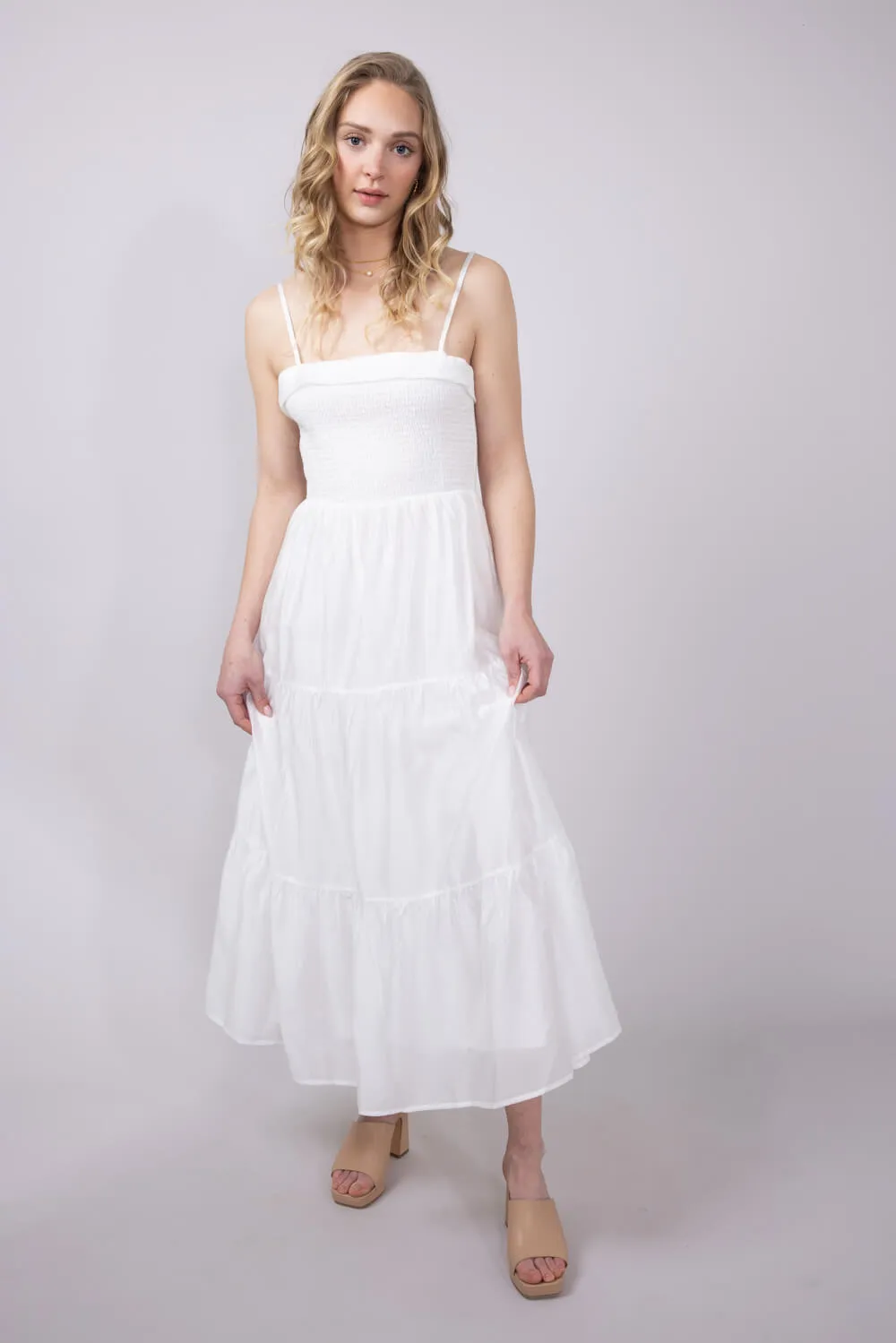 Smocked Bodice Tiered Maxi Dress for Women in White | AD8422-WHT