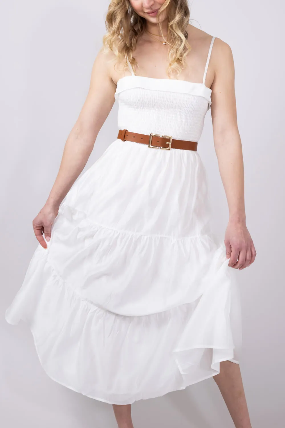 Smocked Bodice Tiered Maxi Dress for Women in White | AD8422-WHT