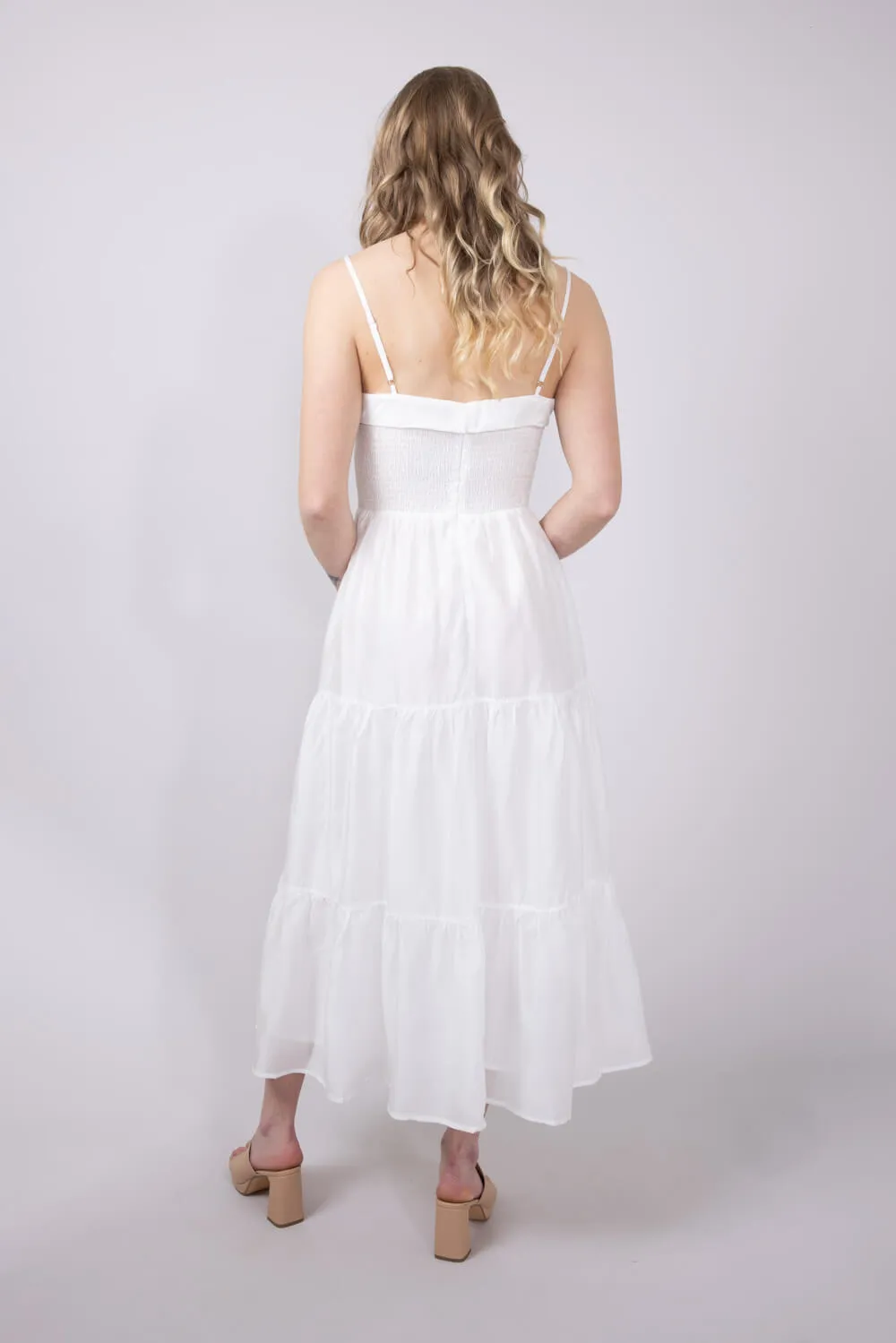 Smocked Bodice Tiered Maxi Dress for Women in White | AD8422-WHT