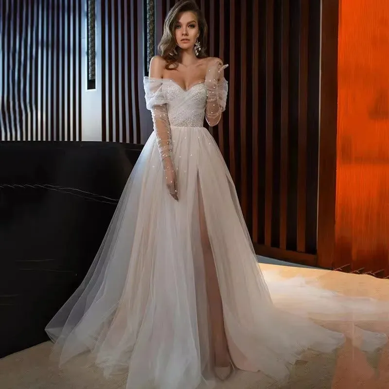 Soft Tulle Boho Wedding Dress Long Sleeves Sweetheart Pearls Bride Gowns Beach Front Split Formal Party Evening Gowns