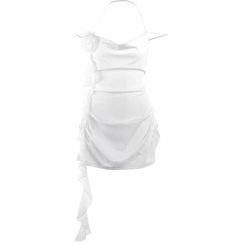 Solid cowl neck halter flower applique backless ruffle mini dress