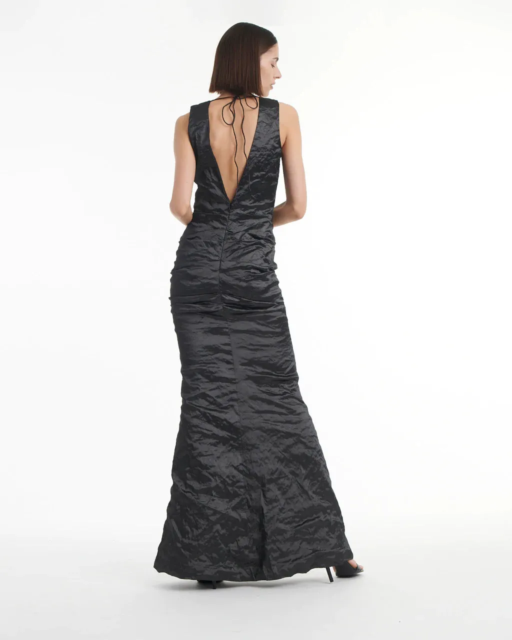 Solid Techno Metal Plunge Gown - Black