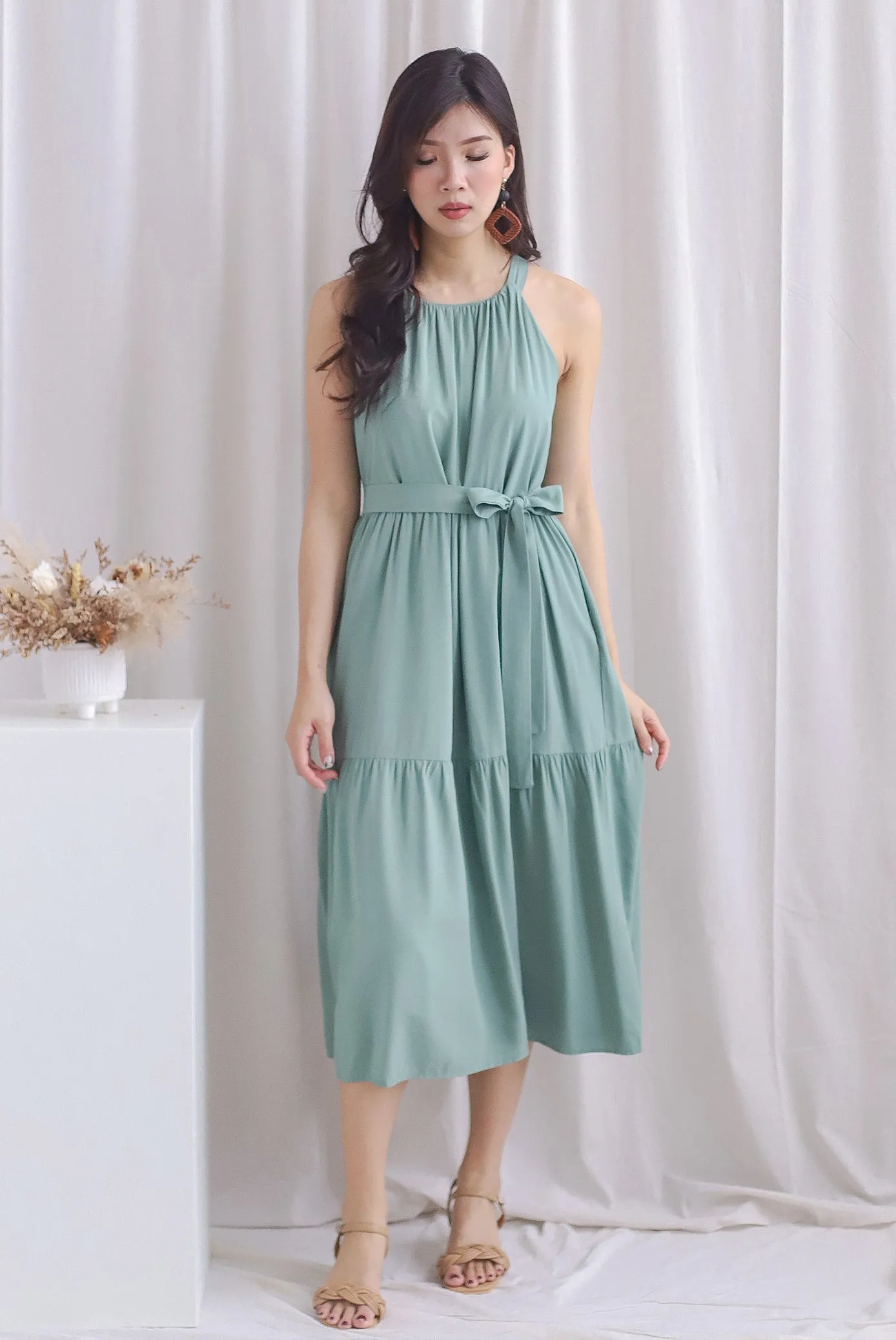 Sora Halter Neck Tier Midi Dress In Seafoam
