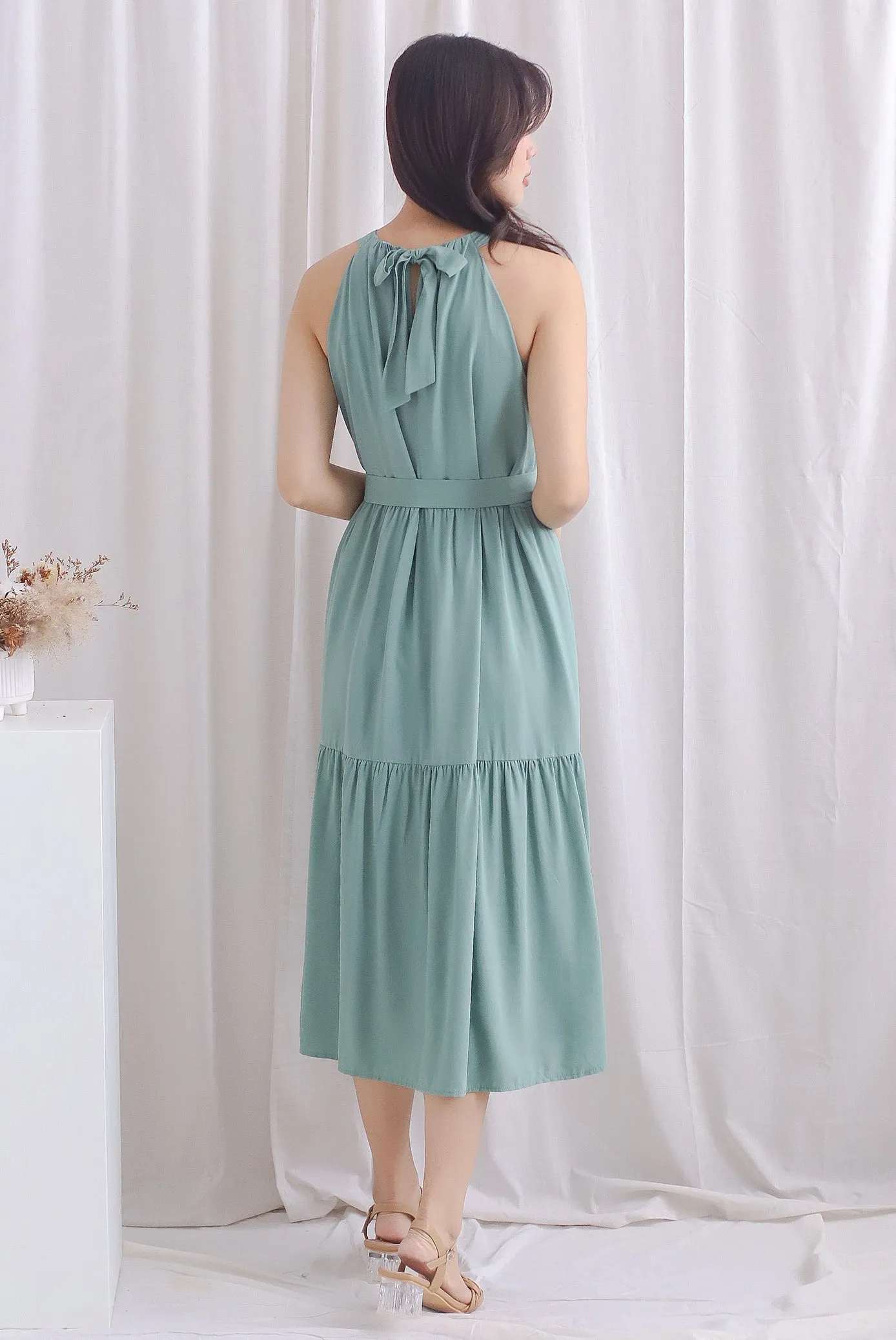 Sora Halter Neck Tier Midi Dress In Seafoam