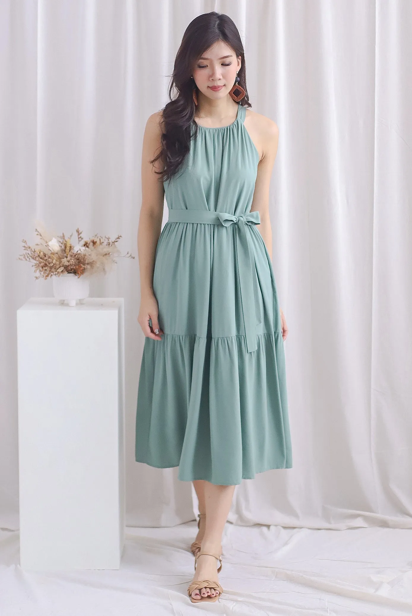 Sora Halter Neck Tier Midi Dress In Seafoam