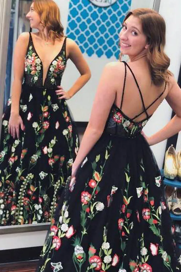 Spaghetti Strap Black Prom Dresses Floral Formal Dress,MP466