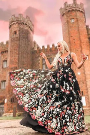 Spaghetti Strap Black Prom Dresses Floral Formal Dress,MP466