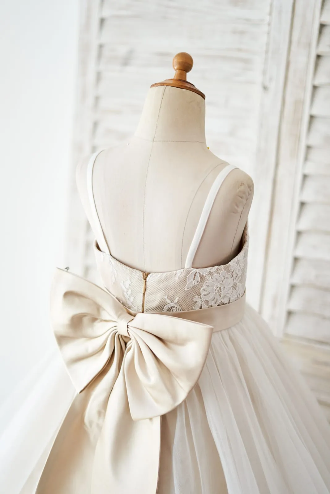 Spaghetti Straps Ivory Lace Tulle Wedding Flower Girl Dress, Champagne Lining