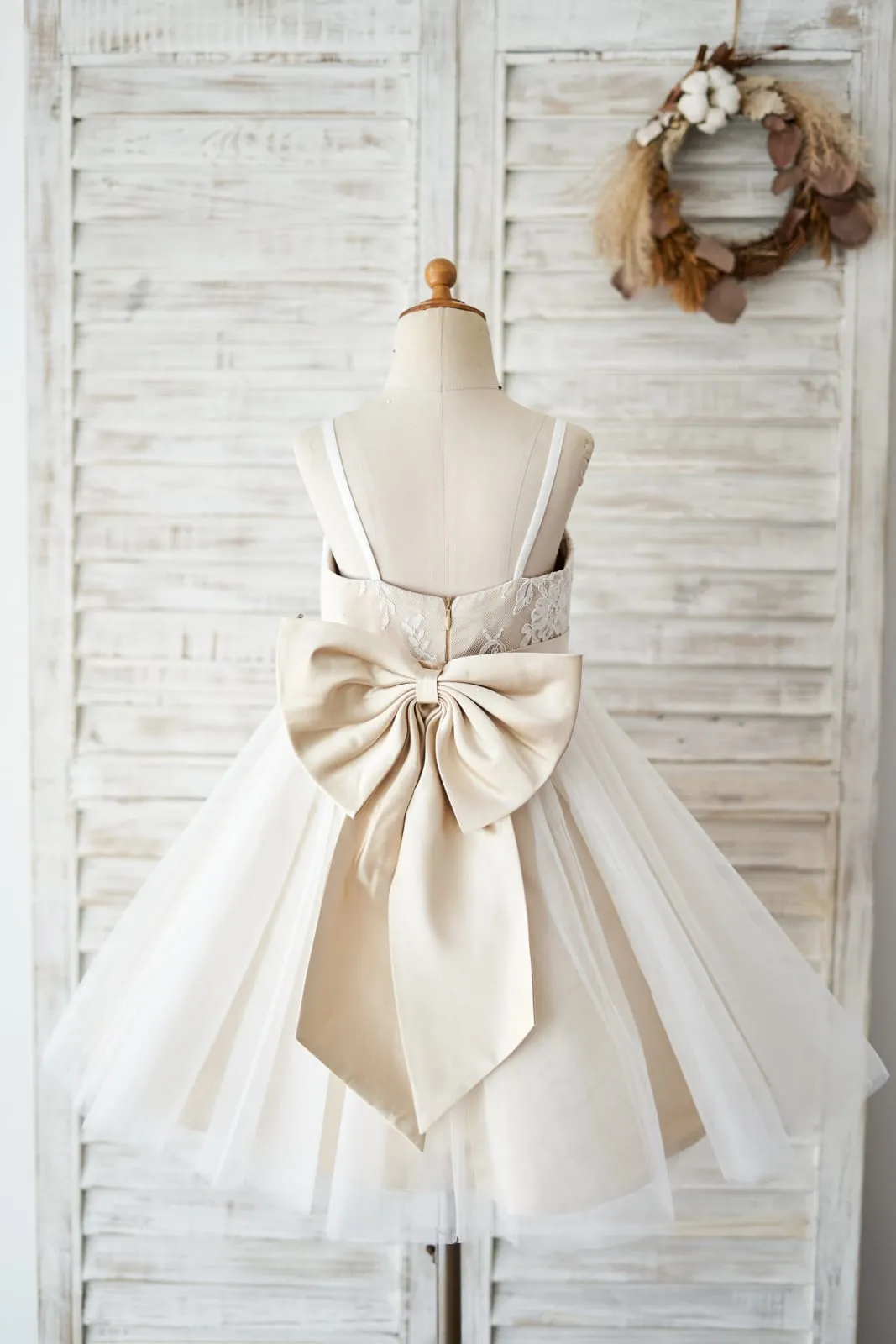 Spaghetti Straps Ivory Lace Tulle Wedding Flower Girl Dress, Champagne Lining