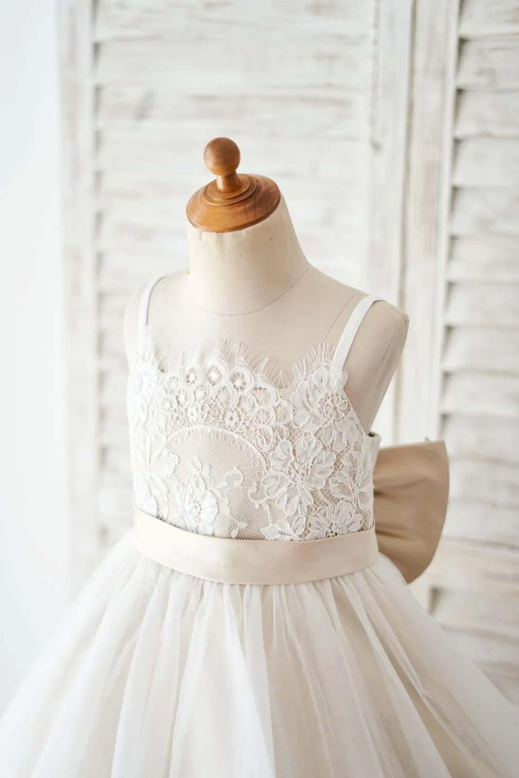 Spaghetti Straps Ivory Lace Tulle Wedding Flower Girl Dress, Champagne Lining