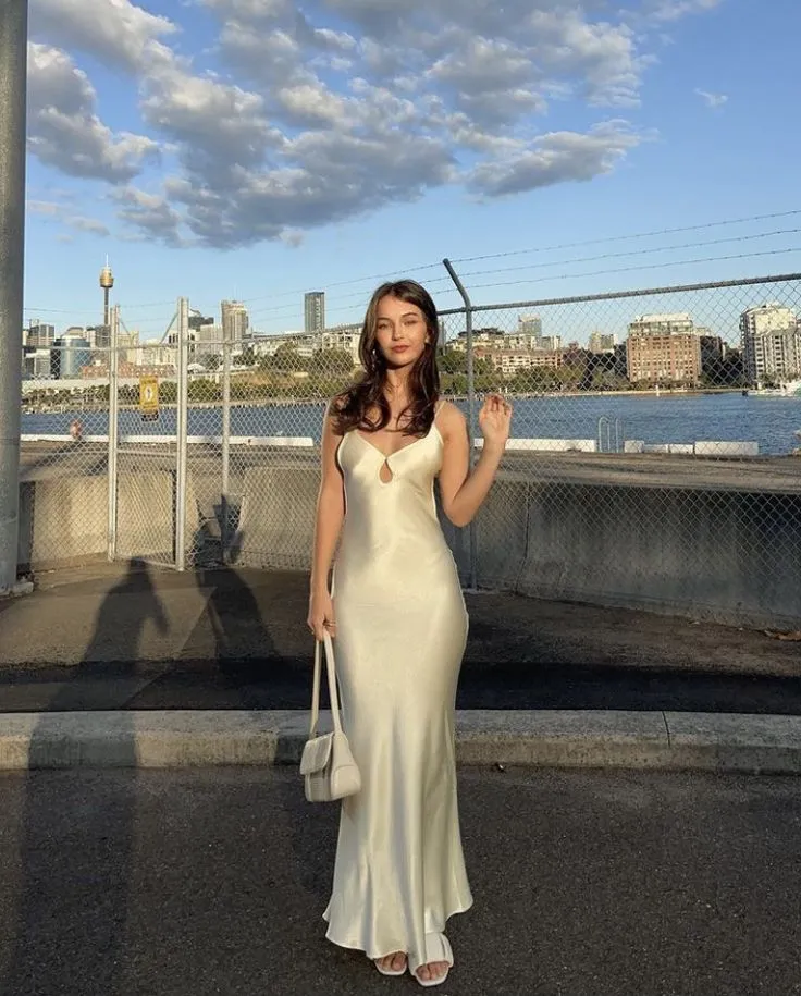 Spaghetti Straps Open Back Sheath Satin Long Party Dress Wedding Guest Dress, D412