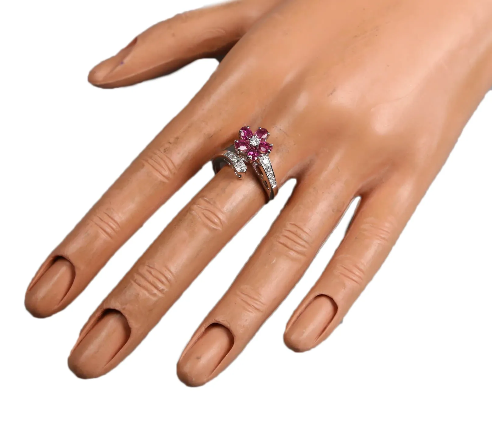 Sparkling Ladies Modern 14K White Gold Floral Ruby Diamond Floral Wrap Ring
