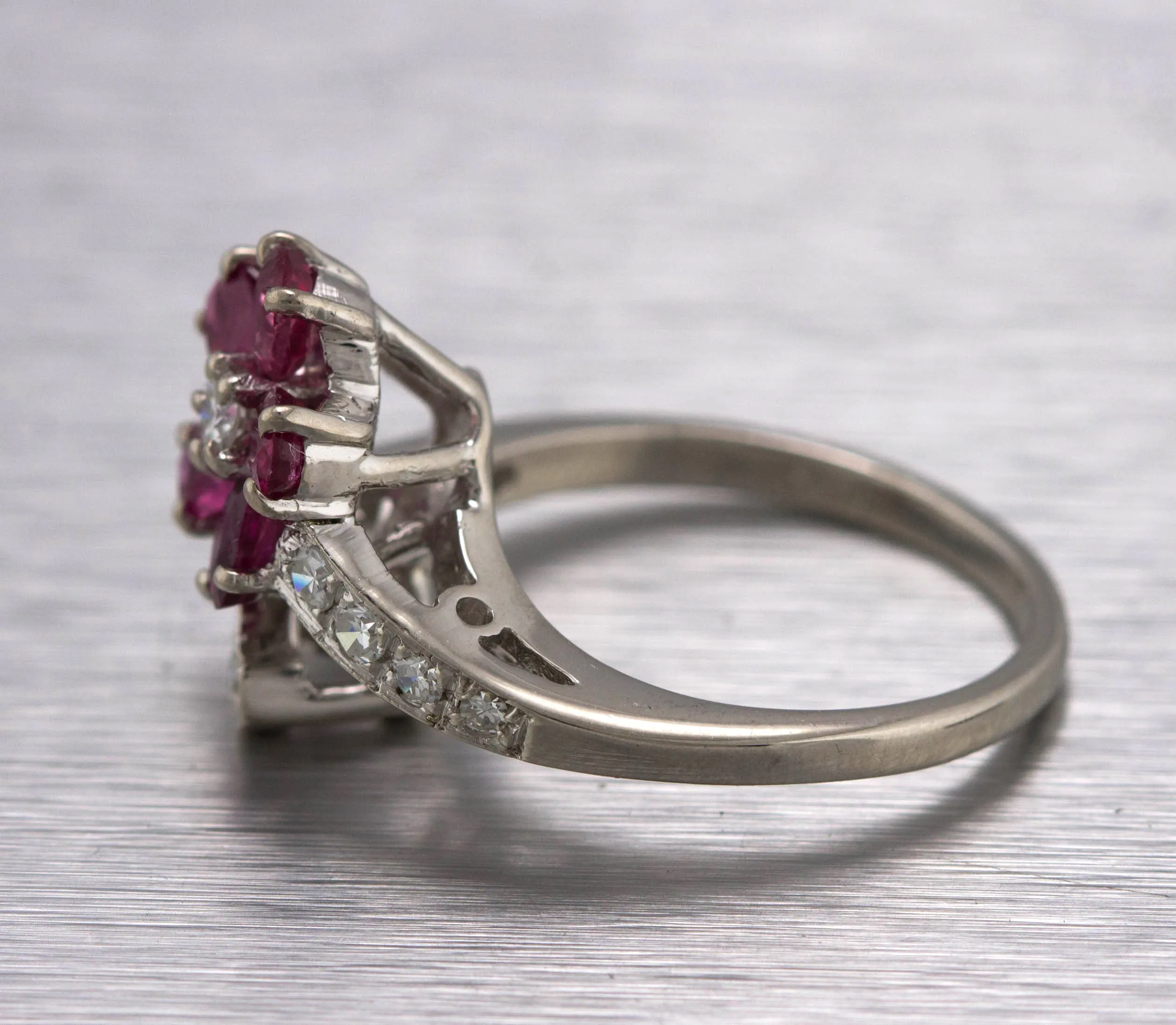 Sparkling Ladies Modern 14K White Gold Floral Ruby Diamond Floral Wrap Ring