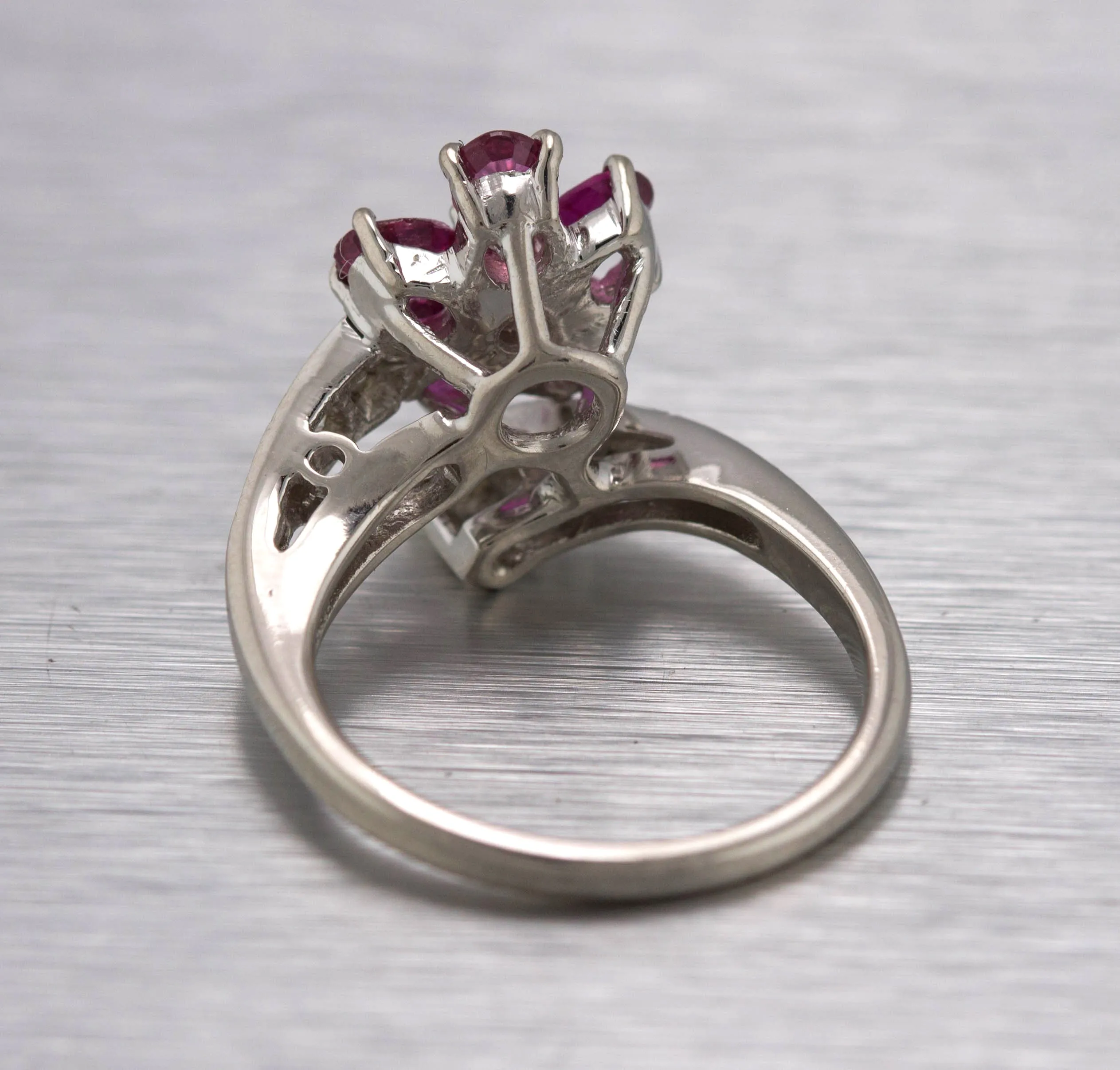 Sparkling Ladies Modern 14K White Gold Floral Ruby Diamond Floral Wrap Ring