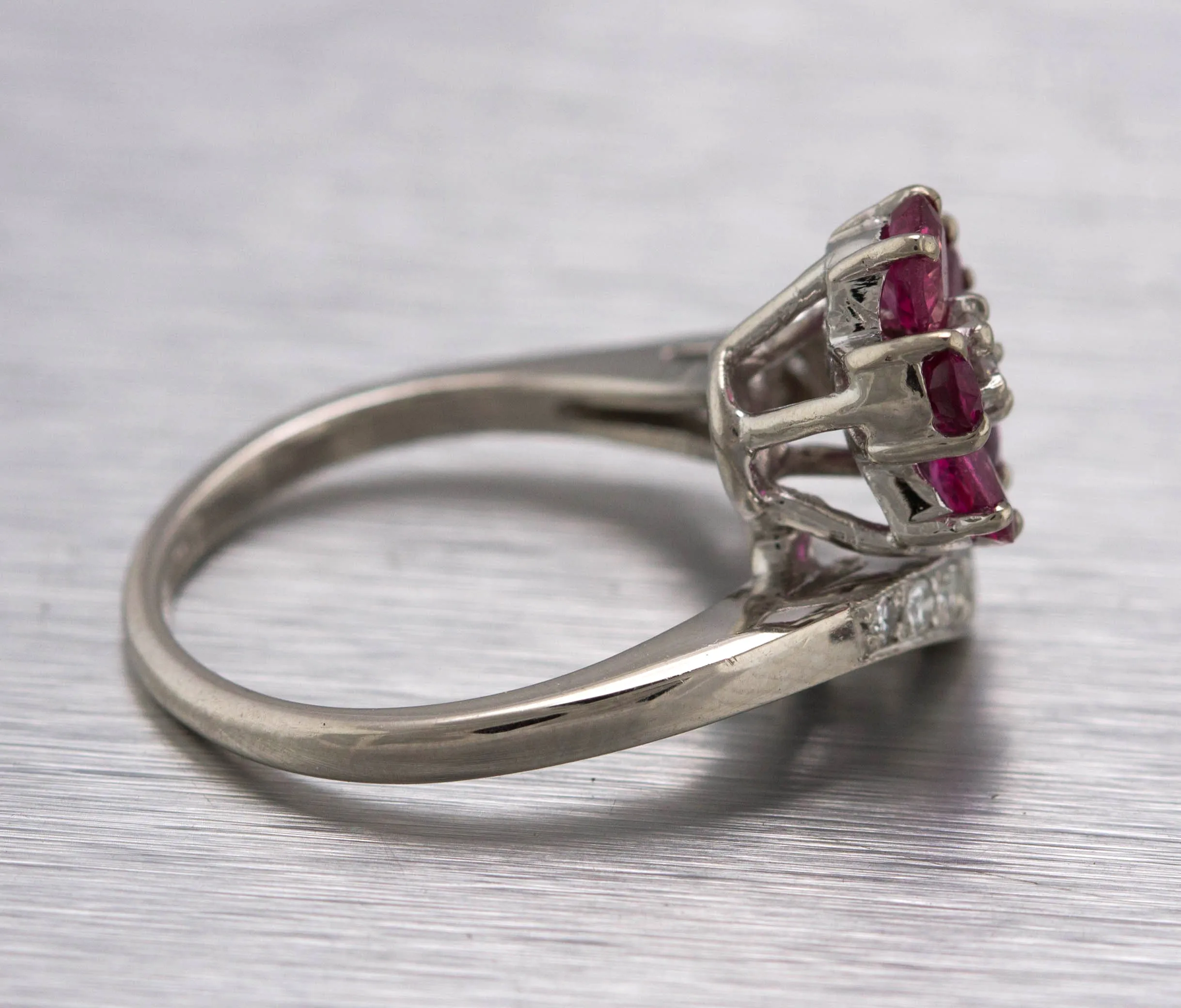Sparkling Ladies Modern 14K White Gold Floral Ruby Diamond Floral Wrap Ring