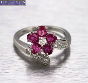 Sparkling Ladies Modern 14K White Gold Floral Ruby Diamond Floral Wrap Ring