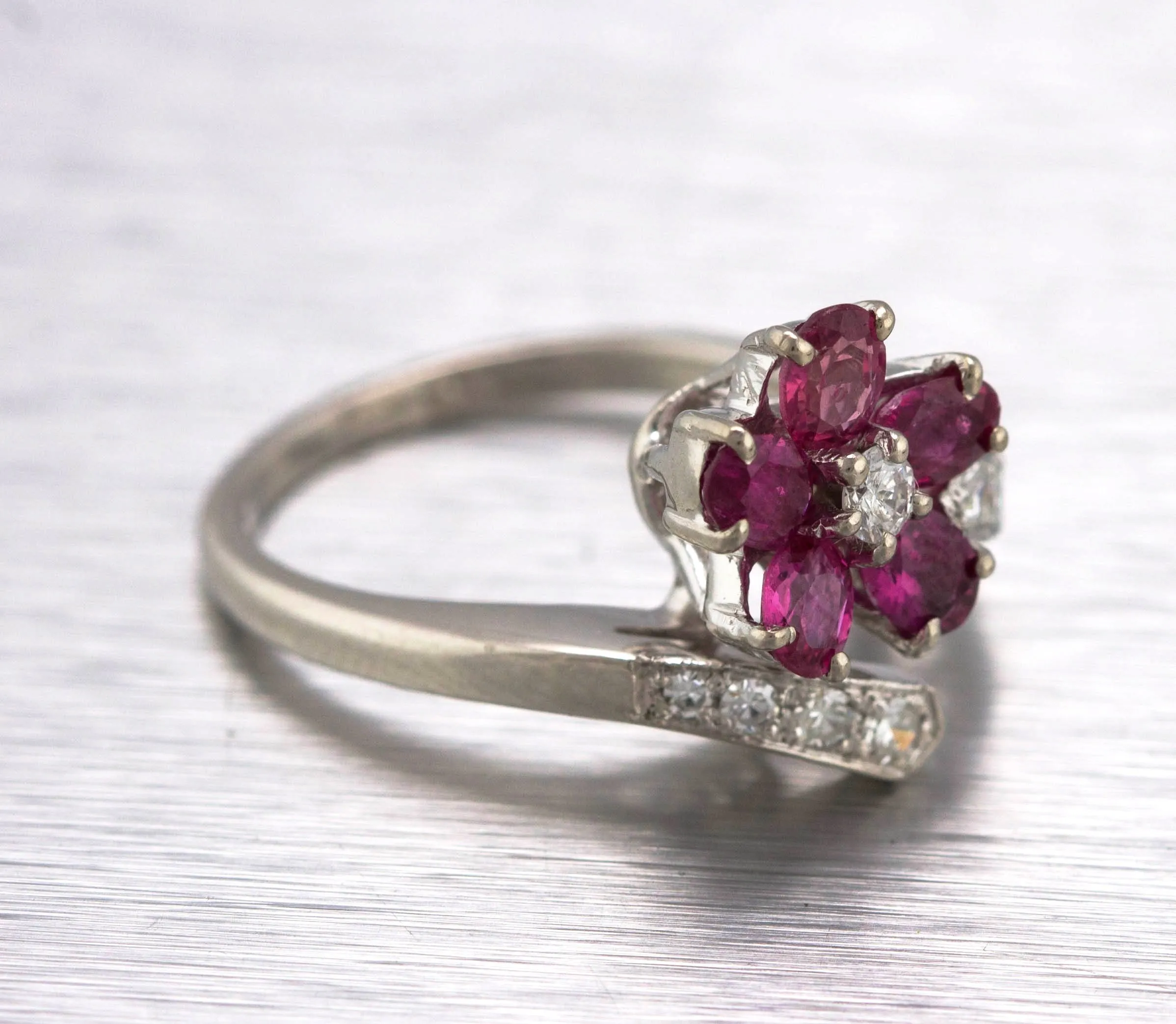 Sparkling Ladies Modern 14K White Gold Floral Ruby Diamond Floral Wrap Ring